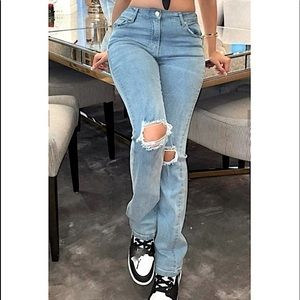 Light Blue Knee Rip Distressed Straight Leg Jeans